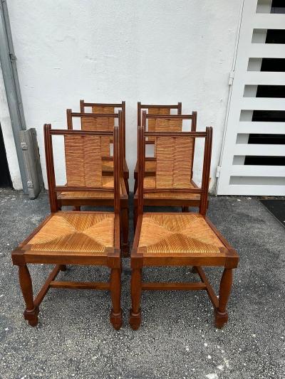 Charles Dudouyt Charles Dudouyt Set of Six 6 Rush and Walnut Dining Chairs