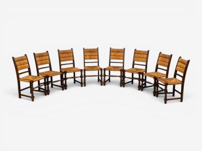 Charles Dudouyt Charles Dudouyt Style Eight Rustic Dining Chairs Oak Rush France 1940s
