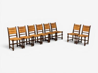 Charles Dudouyt Charles Dudouyt Style Eight Rustic Dining Chairs Oak Rush France 1940s