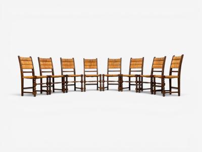 Charles Dudouyt Charles Dudouyt Style Eight Rustic Dining Chairs Oak Rush France 1940s