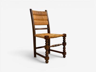 Charles Dudouyt Charles Dudouyt Style Eight Rustic Dining Chairs Oak Rush France 1940s