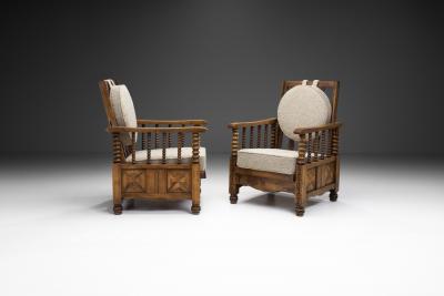 Charles Dudouyt Mid Century Turned Oak Armchairs in the style of Charles Dudouyt France 1950s