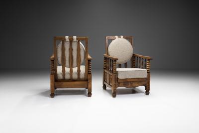 Charles Dudouyt Mid Century Turned Oak Armchairs in the style of Charles Dudouyt France 1950s