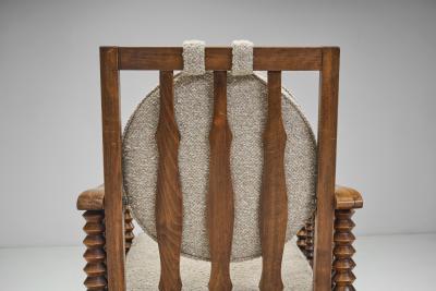 Charles Dudouyt Mid Century Turned Oak Armchairs in the style of Charles Dudouyt France 1950s