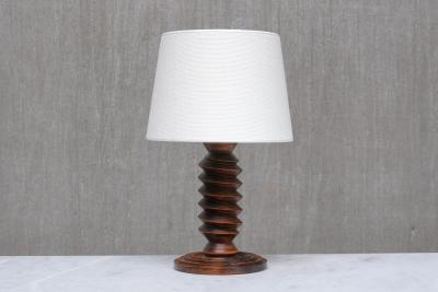 Charles Dudouyt Sculptural Charles Dudouyt Attributed Table Lamp in Oak and Linen France 1950s