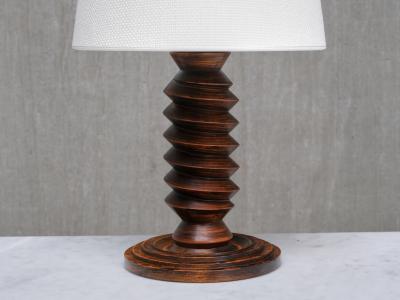 Charles Dudouyt Sculptural Charles Dudouyt Attributed Table Lamp in Oak and Linen France 1950s