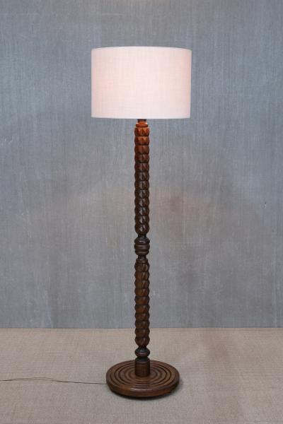 Charles Dudouyt Sculptural Charles Dudouyt Floor Lamp in Oak and Loro Piana Linen France 1940s