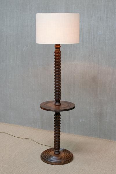 Charles Dudouyt Sculptural Charles Dudouyt Floor Lamp with Table in Oak and Linen France 1940s