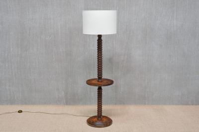 Charles Dudouyt Sculptural Charles Dudouyt Floor Lamp with Table in Oak and Linen France 1940s