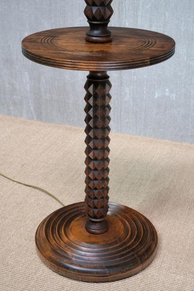 Charles Dudouyt Sculptural Charles Dudouyt Floor Lamp with Table in Oak and Linen France 1940s