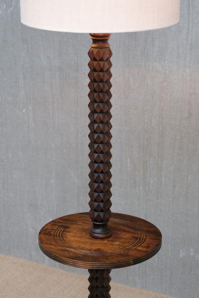 Charles Dudouyt Sculptural Charles Dudouyt Floor Lamp with Table in Oak and Linen France 1940s