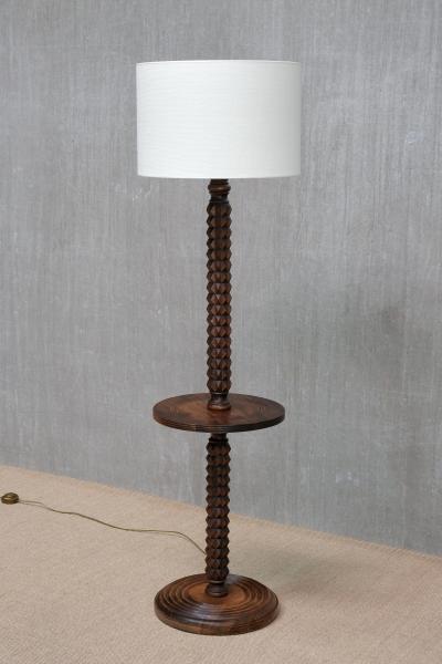 Charles Dudouyt Sculptural Charles Dudouyt Floor Lamp with Table in Oak and Linen France 1940s