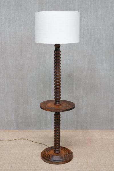 Charles Dudouyt Sculptural Charles Dudouyt Floor Lamp with Table in Oak and Linen France 1940s