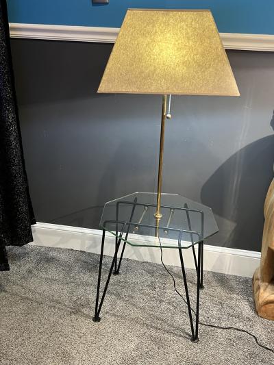 Charles Eames MID CENTURY BRASS AND GLASS TABLE FLOOR LAMP WITH HAIRPIN LEGS