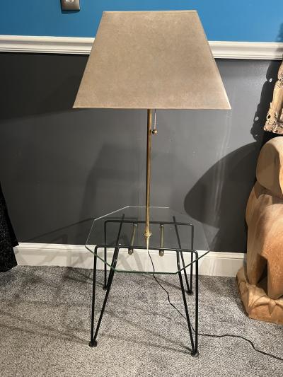Charles Eames MID CENTURY BRASS AND GLASS TABLE FLOOR LAMP WITH HAIRPIN LEGS
