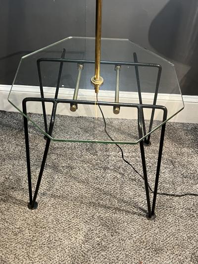 Charles Eames MID CENTURY BRASS AND GLASS TABLE FLOOR LAMP WITH HAIRPIN LEGS
