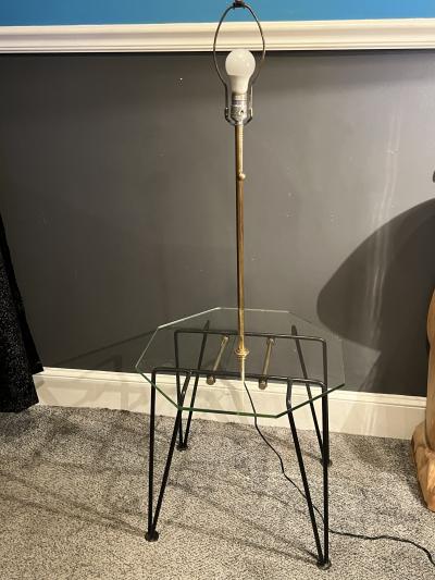 Charles Eames MID CENTURY BRASS AND GLASS TABLE FLOOR LAMP WITH HAIRPIN LEGS