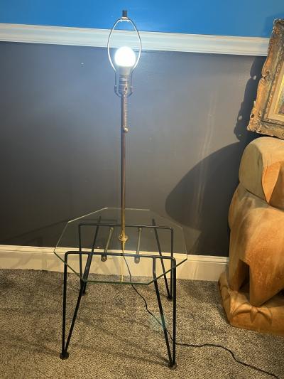 Charles Eames MID CENTURY BRASS AND GLASS TABLE FLOOR LAMP WITH HAIRPIN LEGS