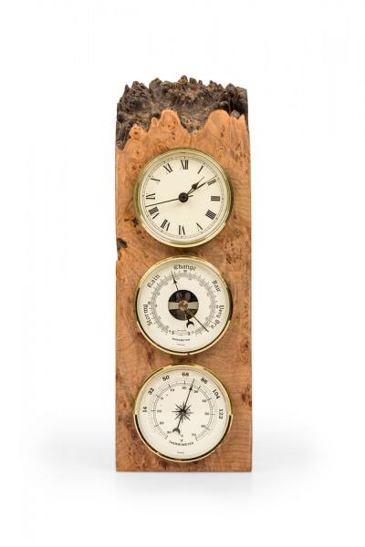Charles Elkan Rustic Burl Wood Three Dial Clock and Weather Station