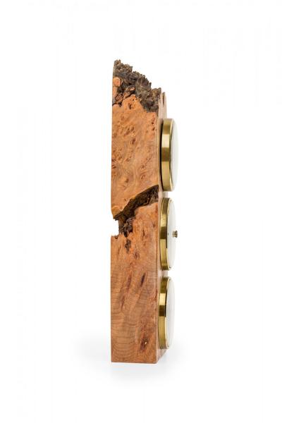 Charles Elkan Rustic Burl Wood Three Dial Clock and Weather Station