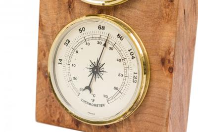 Charles Elkan Rustic Burl Wood Three Dial Clock and Weather Station