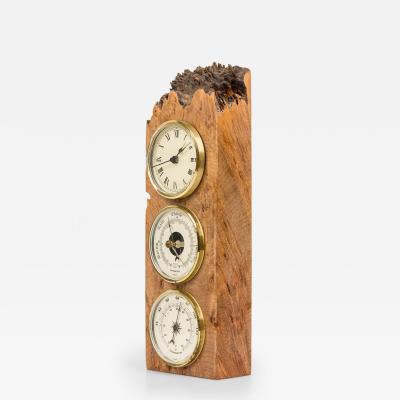 Charles Elkan Rustic Burl Wood Three Dial Clock and Weather Station
