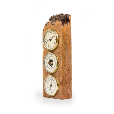 Charles Elkan Rustic Burl Wood Three Dial Clock and Weather Station