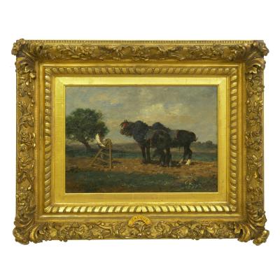 Charles Emile Jacque Preparing the Plow French Antique Barbizon Painting by Charles Emile Jacque