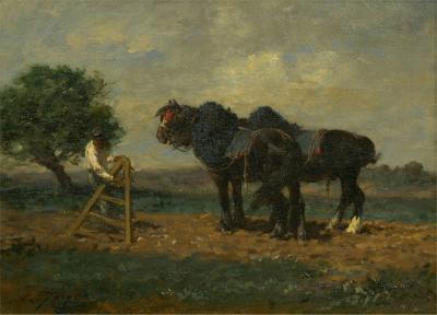 Charles Emile Jacque Preparing the Plow French Antique Barbizon Painting by Charles Emile Jacque