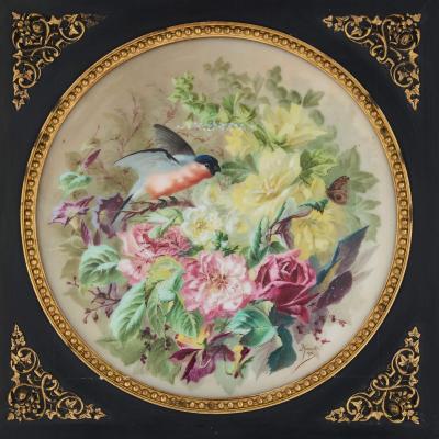 Charles Ernest Mariotte Pair of large floral porcelain plaques by Mariotte 1876 1877