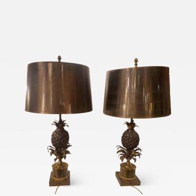 Charles Fils 1950 70 Pair of Bronze Pineapple Lamps or Similar Brass Shade Signed Charles