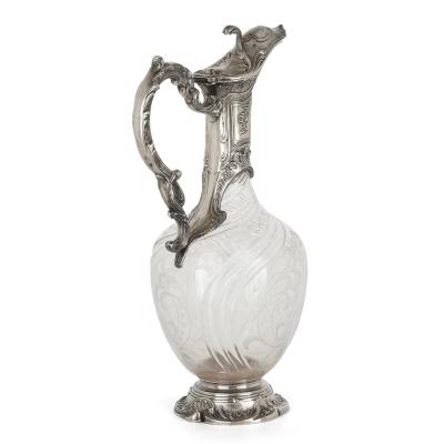 Charles Hack Pair of Rococo style cut glass and silver jugs by Charles Hack