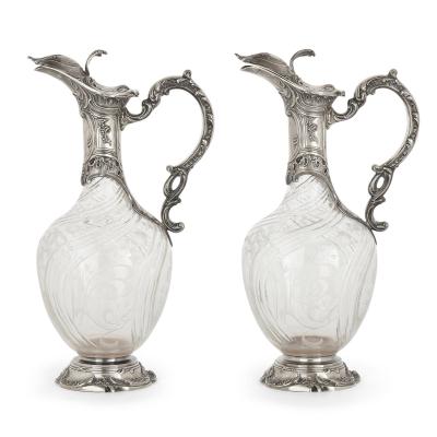 Charles Hack Pair of Rococo style cut glass and silver jugs by Charles Hack