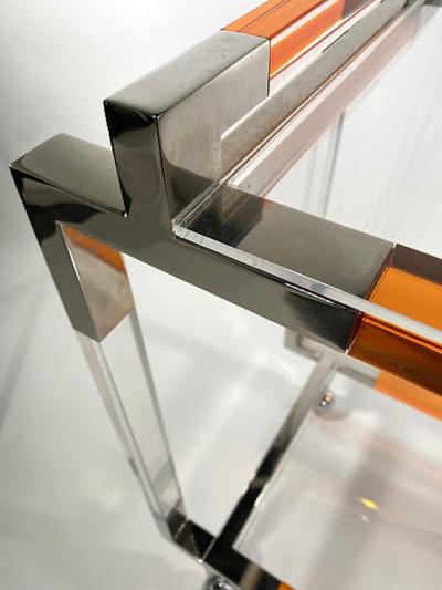 Charles Hollis Jones American Modern Orange Lucite Polished Nickel Bar Cart Charles Hollis Jones