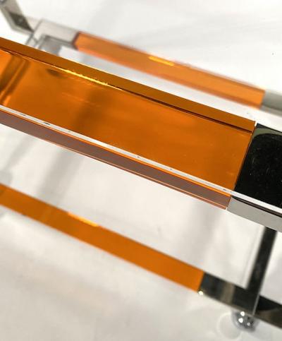Charles Hollis Jones American Modern Orange Lucite Polished Nickel Bar Cart Charles Hollis Jones