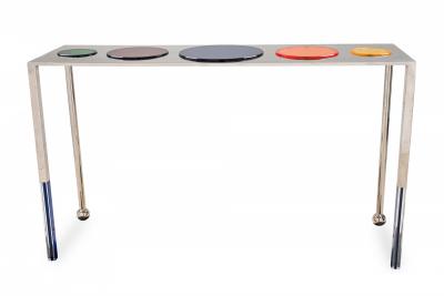 Charles Hollis Jones Charles Hollis Jones Nickel and Multi Colored Lucite Disk Console Table