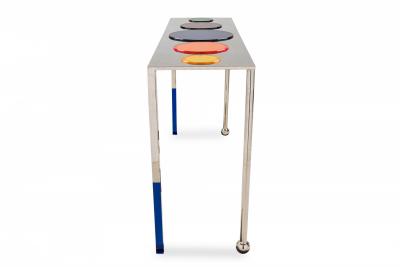 Charles Hollis Jones Charles Hollis Jones Nickel and Multi Colored Lucite Disk Console Table