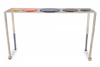 Charles Hollis Jones Charles Hollis Jones Nickel and Multi Colored Lucite Disk Console Table