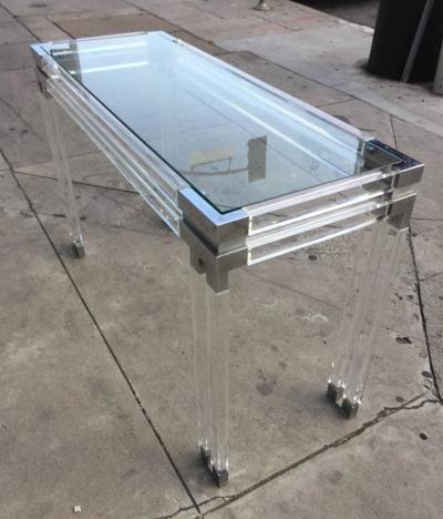 Charles Hollis Jones Console Table in Lucite and Polished Nickel by Charles Hollis Jones