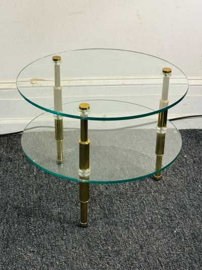 Charles Hollis Jones MODERN LUCITE AND BRASS DOUBLE TIER ROUND GLASS TABLE