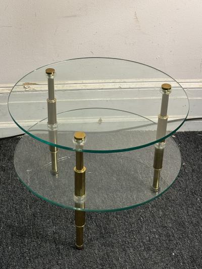 Charles Hollis Jones MODERN LUCITE AND BRASS DOUBLE TIER ROUND GLASS TABLE