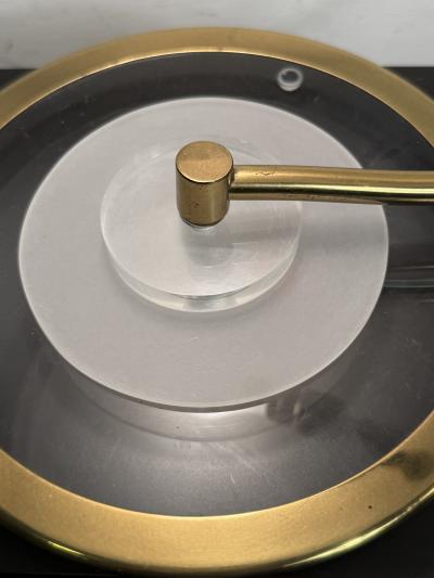 Charles Hollis Jones POST MODERN ENAMELED CORAL SHADE AND BRASS WITH CLEAR FROSTED LUCITE LAMP