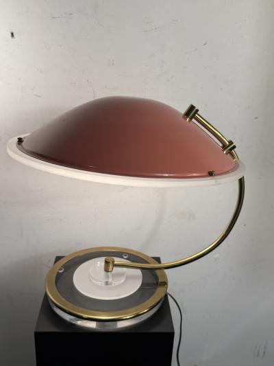 Charles Hollis Jones POST MODERN ENAMELED CORAL SHADE AND BRASS WITH CLEAR FROSTED LUCITE LAMP