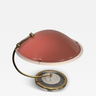 Charles Hollis Jones POST MODERN ENAMELED CORAL SHADE AND BRASS WITH CLEAR FROSTED LUCITE LAMP
