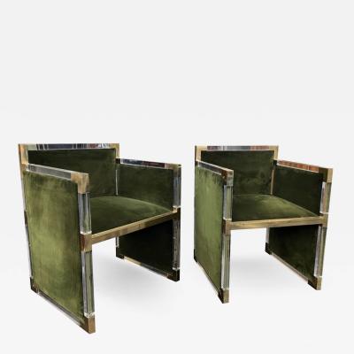 Charles Hollis Jones Pair of Lucite and Brass Cubicle Chairs att To Charles Hollis Jones