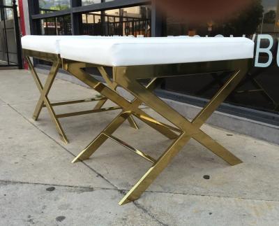 Charles Hollis Jones Pair of X Frame Benches in Solid Brass by Charles Hollis Jones Signed