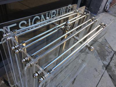 Charles Hollis Jones Set of 4 Lucite Polished Nickel Serving Trays Stand by Charles Hollis Jones