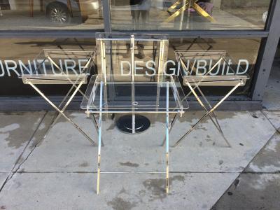 Charles Hollis Jones Set of 4 Lucite Polished Nickel Serving Trays Stand by Charles Hollis Jones