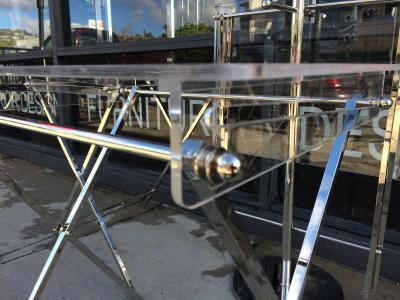 Charles Hollis Jones Set of 4 Lucite Polished Nickel Serving Trays Stand by Charles Hollis Jones