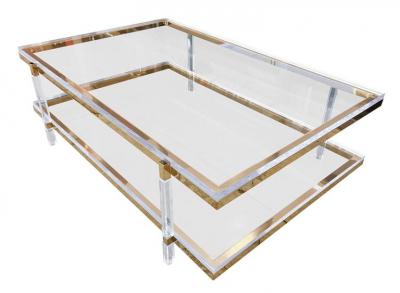 Charles Hollis Jones Two Tier Coffee Table in Lucite Polished Brass by Charles Hollis Jones